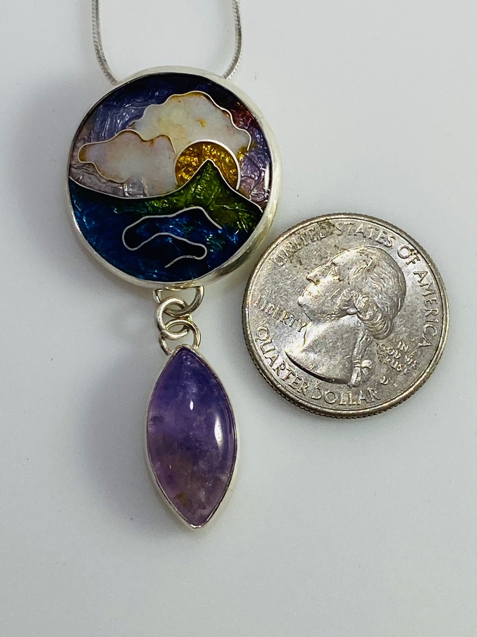 Sunset Cloisonné Enamel Pendant with Lavender Jasmine stone dangle