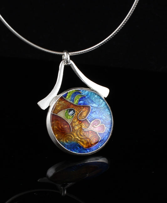 One of the Guys, Cloisonné Enamel Pendant, circle pendant with dangle bail