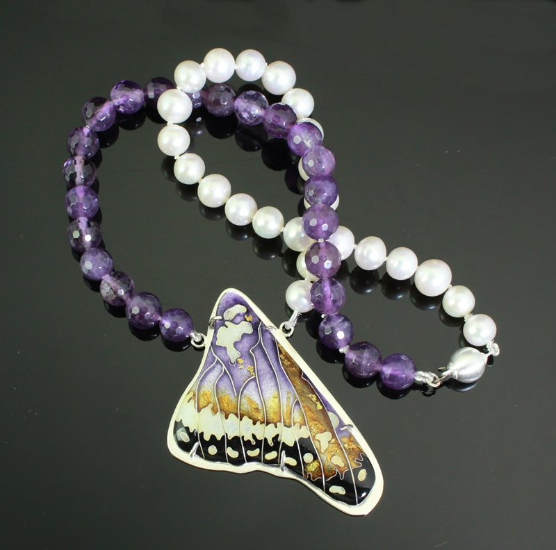 Butterfly Wing in Amethyst, Cloisonné Enamel Pendant