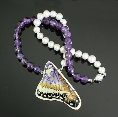 Butterfly Wing in Amethyst, Cloisonné Enamel Pendant