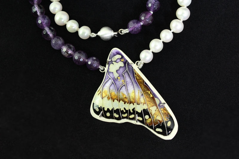 Butterfly Wing in Amethyst, Cloisonné Enamel Pendant
