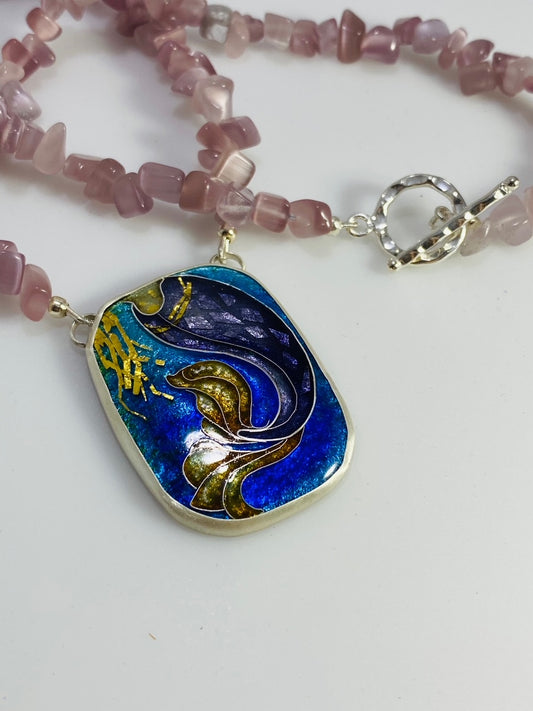 Mermaid Cloisonné Enamel Pendant with Rose Quartz Bead Necklace