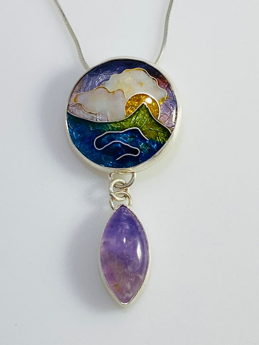 Sunset Cloisonné Enamel Pendant with Lavender Jasmine stone dangle