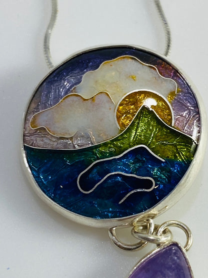 Sunset Cloisonné Enamel Pendant with Lavender Jasmine stone dangle