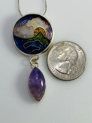 Sunset Cloisonné Enamel Pendant with Lavender Jasmine stone dangle