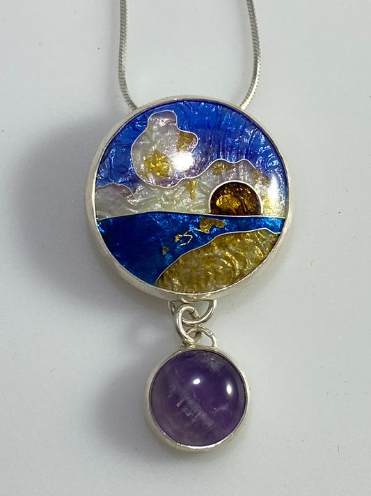 Sunset Cloisonné Enamel Pendant with amehtyst stone dangle