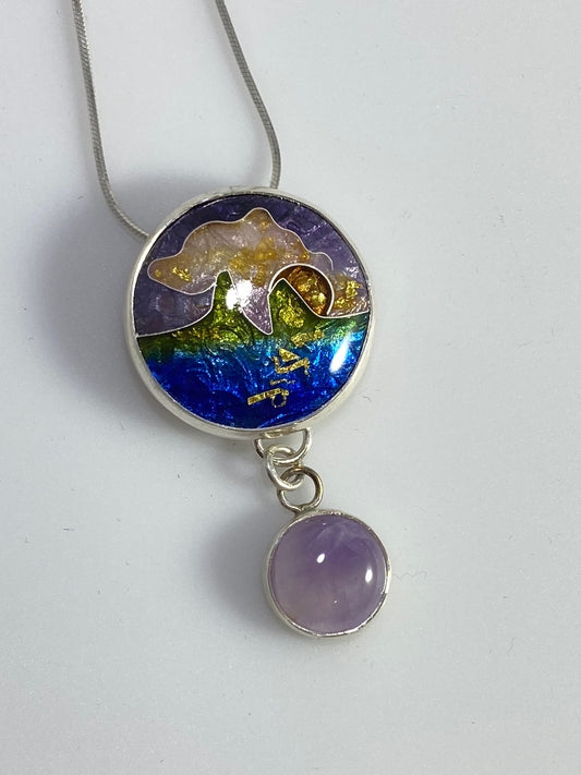 Sunset Cloisonné Enamel Pendant with amethyst stone dangle