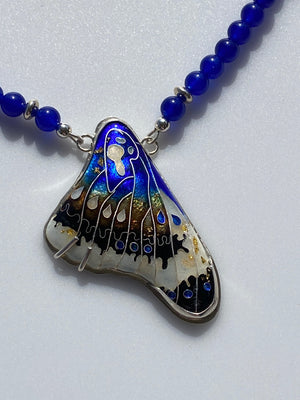 Butterfly Wing in Deep Blue Cloisonné Enamel Pendant & Lapis Bead Necklace