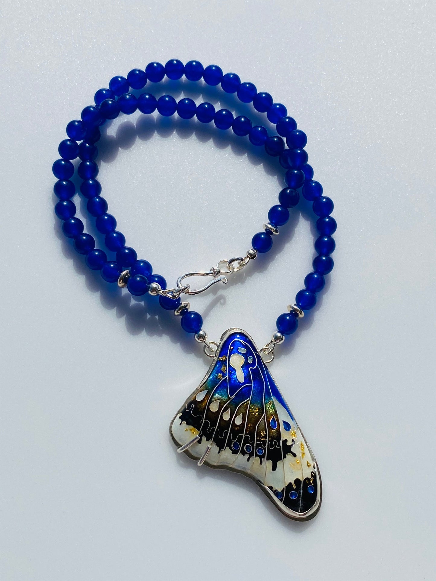 Butterfly Wing in Deep Blue Cloisonné Enamel Pendant & Lapis Bead Necklace