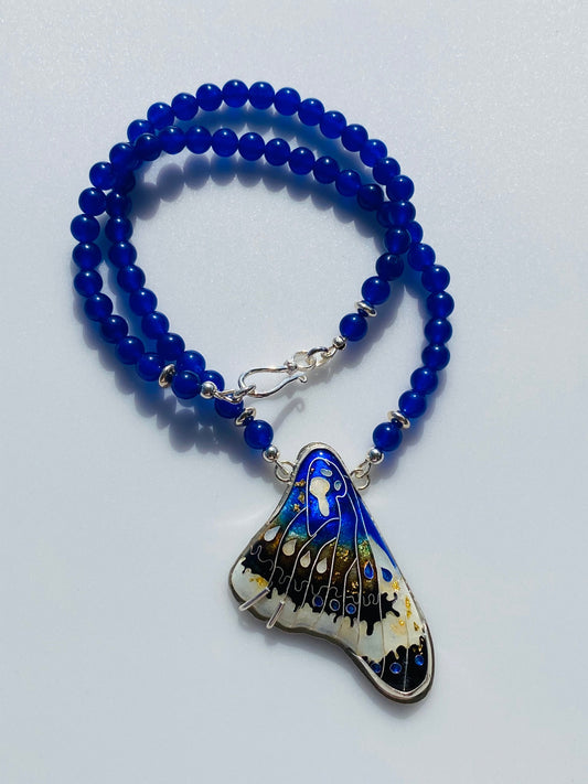 Butterfly Wing in Deep Blue Cloisonné Enamel Pendant & Lapis Bead Necklace