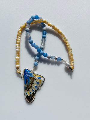 Butterfly Wing in Blue & Gold, Cloisonné Enamel Pendant
