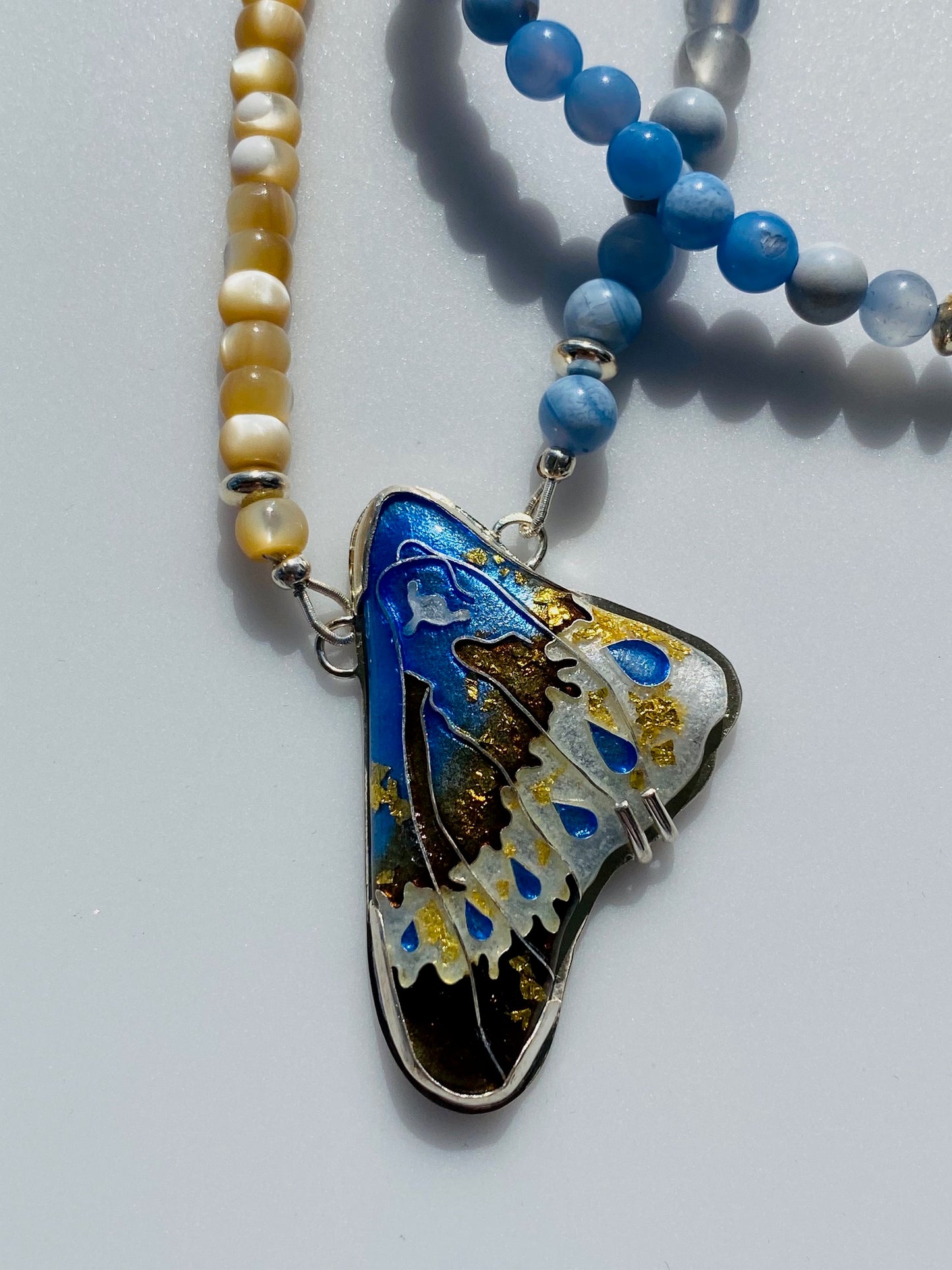 Butterfly Wing in Blue & Gold, Cloisonné Enamel Pendant