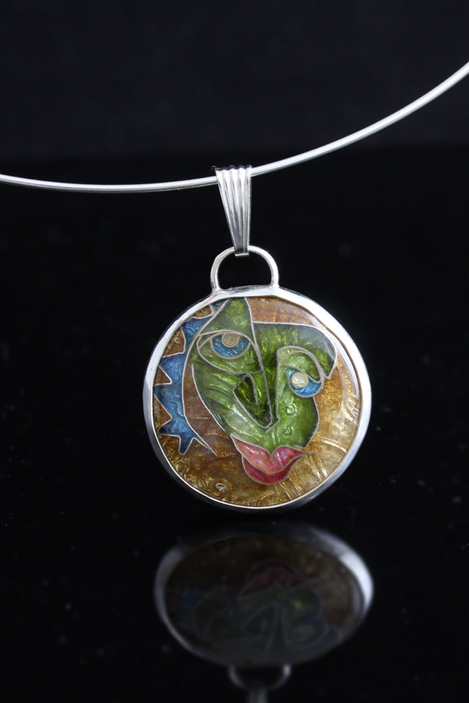 Mr Lizardo, Cloisonné Enamel Pendant, circle pendant with dangle bail