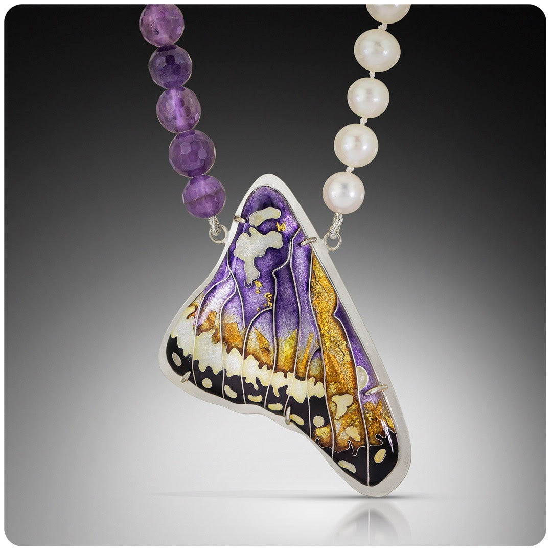 Butterfly Wing in Amethyst, Cloisonné Enamel Pendant