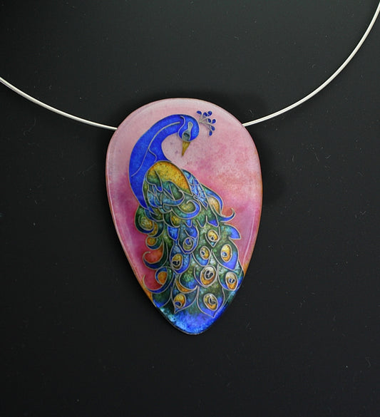 Peacock on Pink, Cloisonné Enamel Pendant