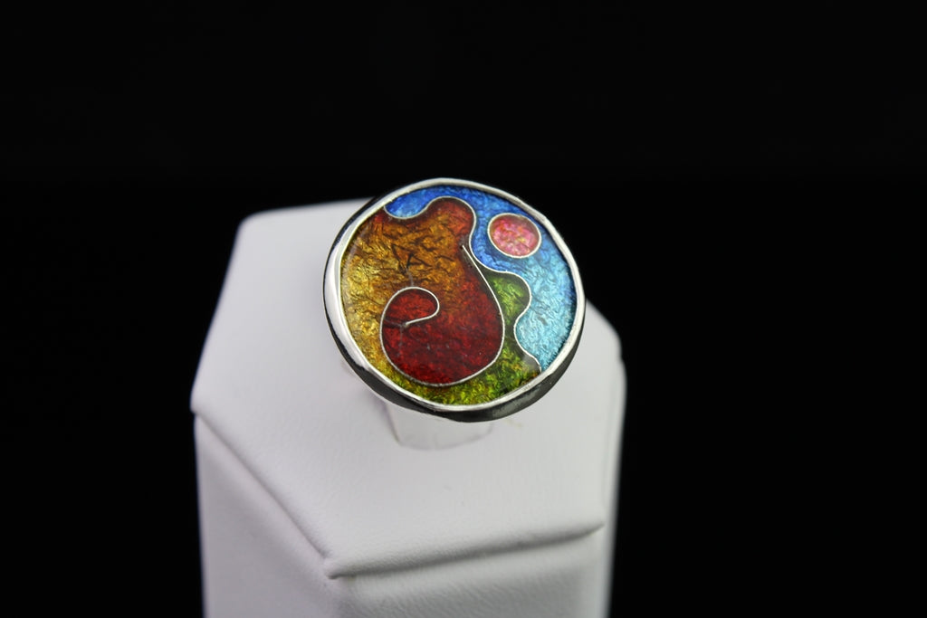 Abstract Circle Ring, Cloisonné Enamel Ring, Size 5.5