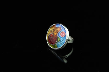 Abstract Circle Ring, Cloisonné Enamel Ring, Size 5.5