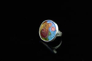 Abstract Circle Ring, Cloisonné Enamel Ring, Size 5.5